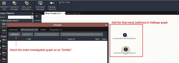 Figure 8. The image depicts the Maltego software interface with an open graph window and a details pane, where a user is in the process of attaching a MetaSluth investigation graph as an “Exhibit.” This setup allows anyone reviewing the report to easily access and understand the evidence linking specific wallets to a person of interest through detailed visual analysis.