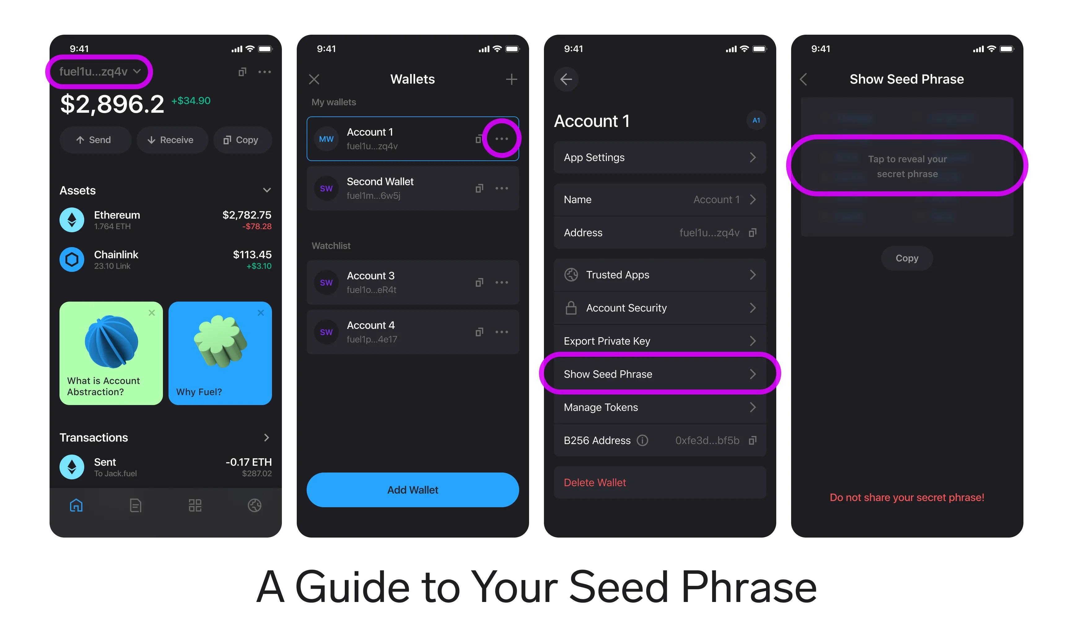 A few easy steps to see your seed phrase 