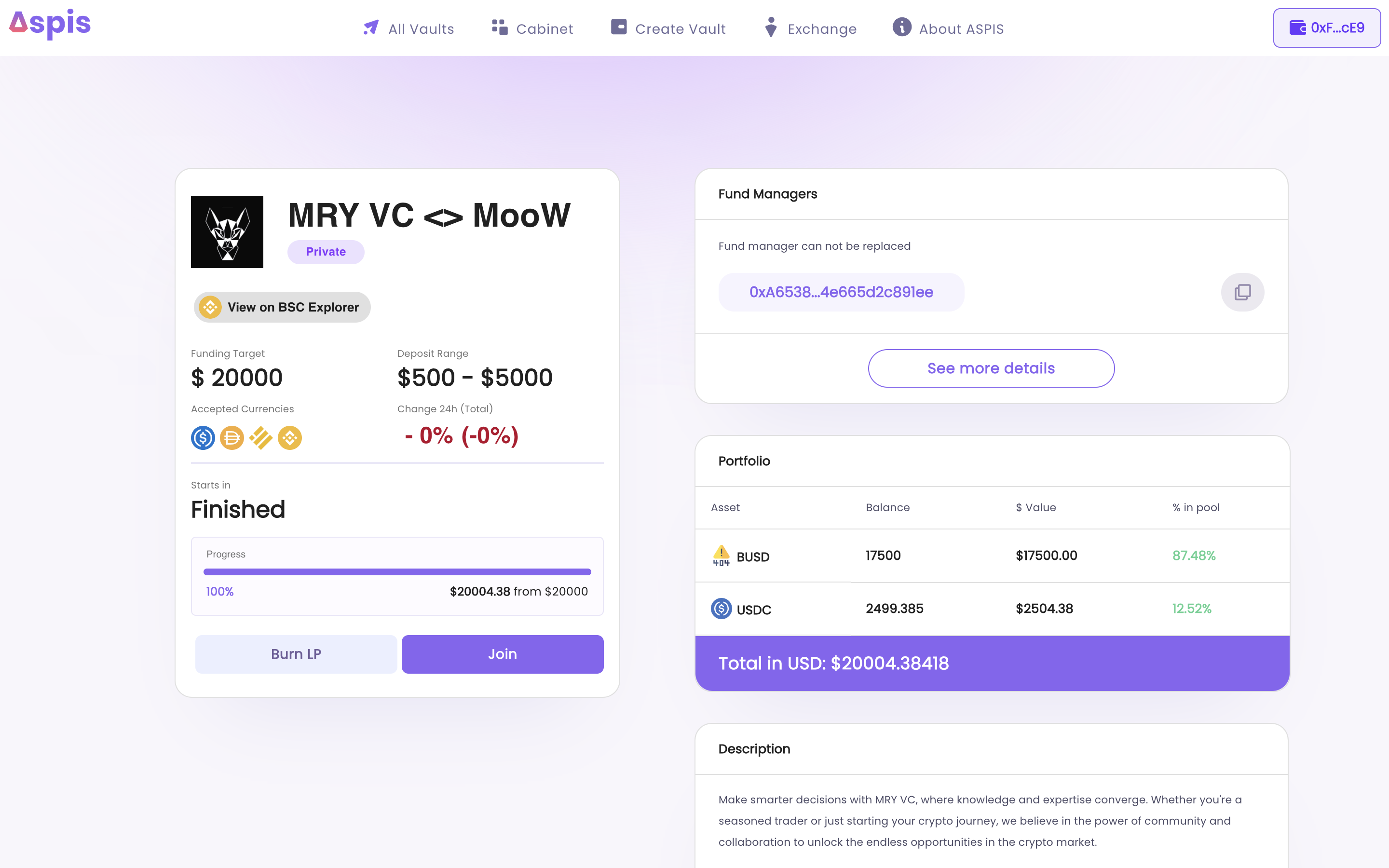 MRY VC <> MooW Vault on Aspis Interface