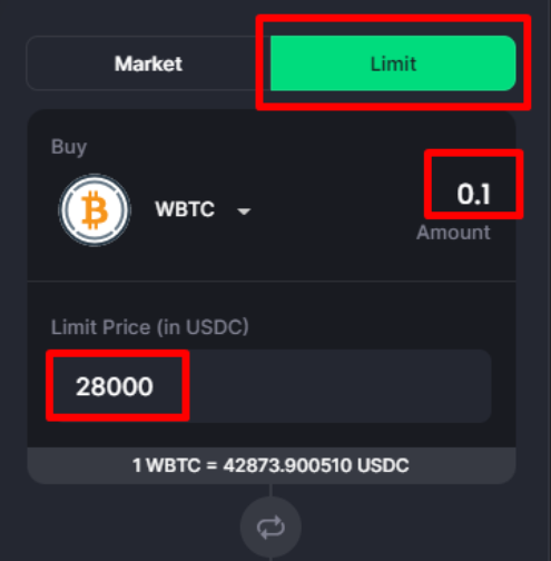 Opening a limit order. Go to the Limit tab and set the amount of WBTC and the limit price.