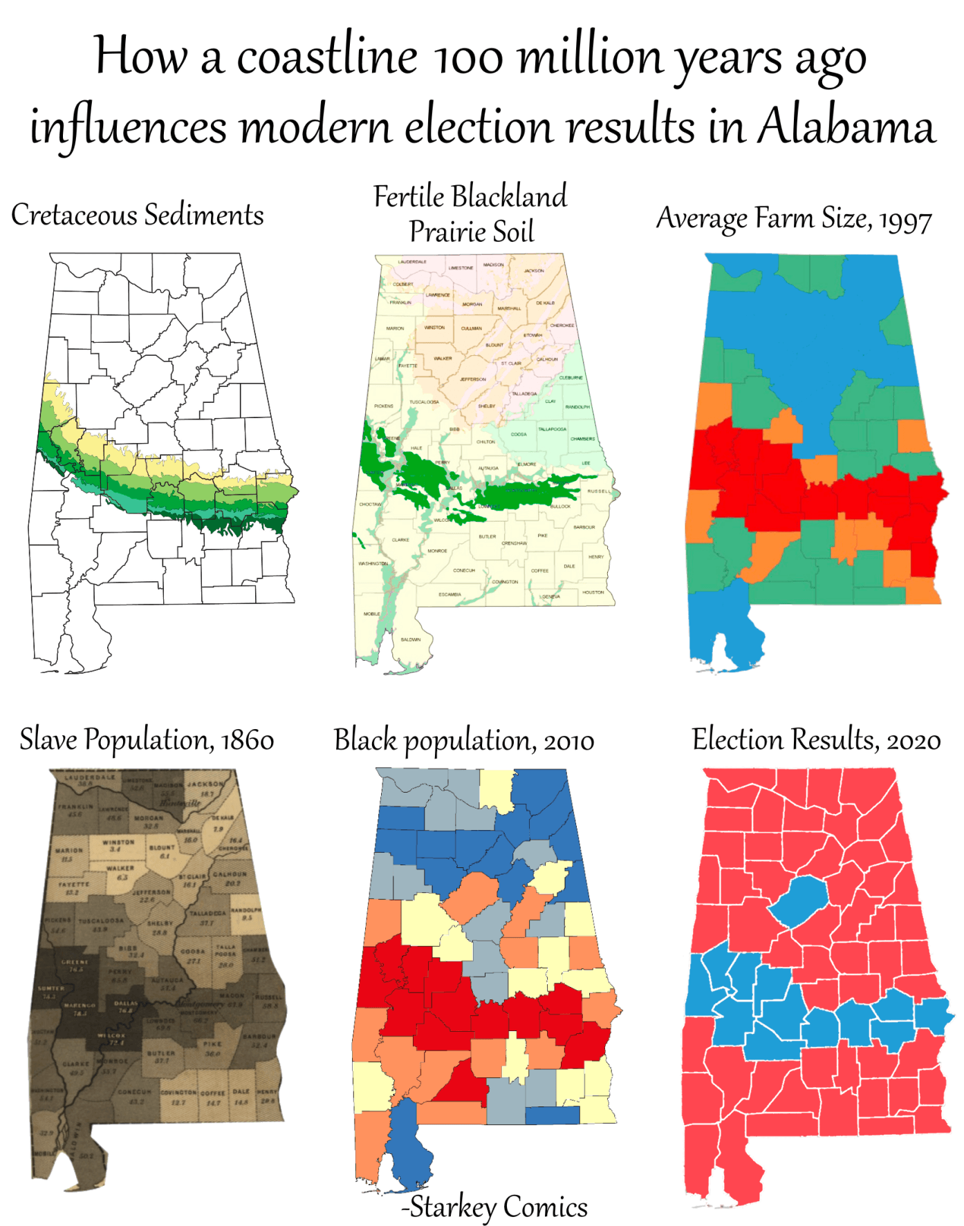 Source: https://www.facebook.com/marchforscience/photos/a.318223041905350/1335564976837813/ AND https://starkeycomics.com/2021/06/11/how-a-coastline-100-million-years-ago-influences-modern-election-results-in-alabama/