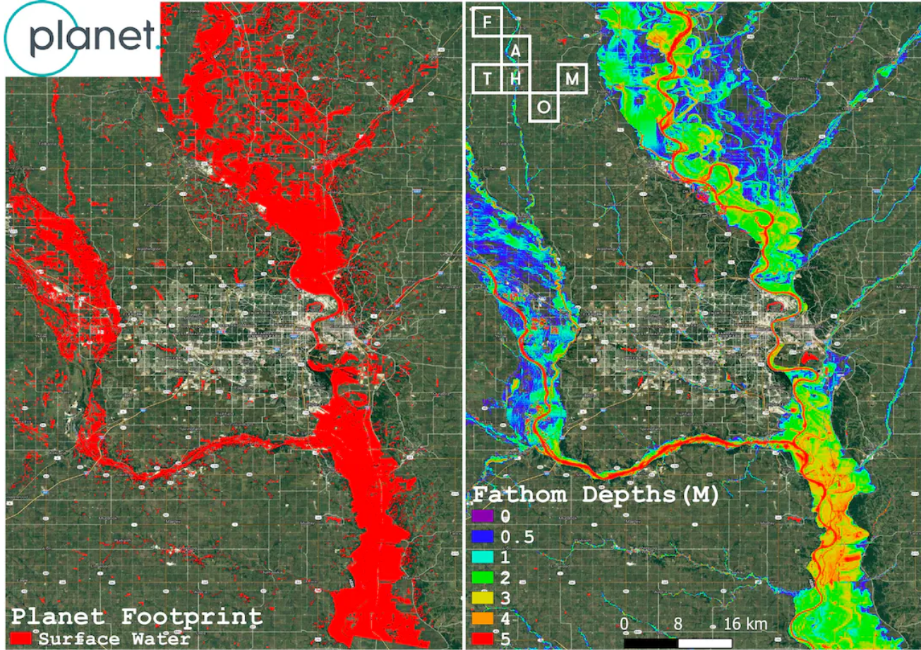 À Omaha, Nebraska, le 22 mars 2019, au milieu d'inondations, Fathom a utilisé une technique d'analyse géospatiale appelée indice de différence d'eau normalisé (NDWI). Cette méthodologie a été mise en œuvre sur l'imagerie PlanetScope, qui comprend quatre bandes spectrales distinctes. Son objectif principal était de discerner et de désigner les caractéristiques des eaux de surface au plus fort des inondations catastrophiques qui ont frappé l’État du Nebraska (à gauche). Par la suite, ces valeurs NDWI dérivées ont été juxtaposées aux modèles informatiques de Fathom. L'objectif principal de cette analyse comparative était de déterminer et de quantifier ce que l'on peut appeler « l'ampleur de l'événement » relatif à chaque bassin hydrographique distinct dans la région affectée. L’ampleur des événements pourrait en principe permettre d’affiner l’automatisation de l’assurance paramétrique. Source : article Fathom Maps from a Planet de Brittany Zajic, utilisé dans un cadre fair use.