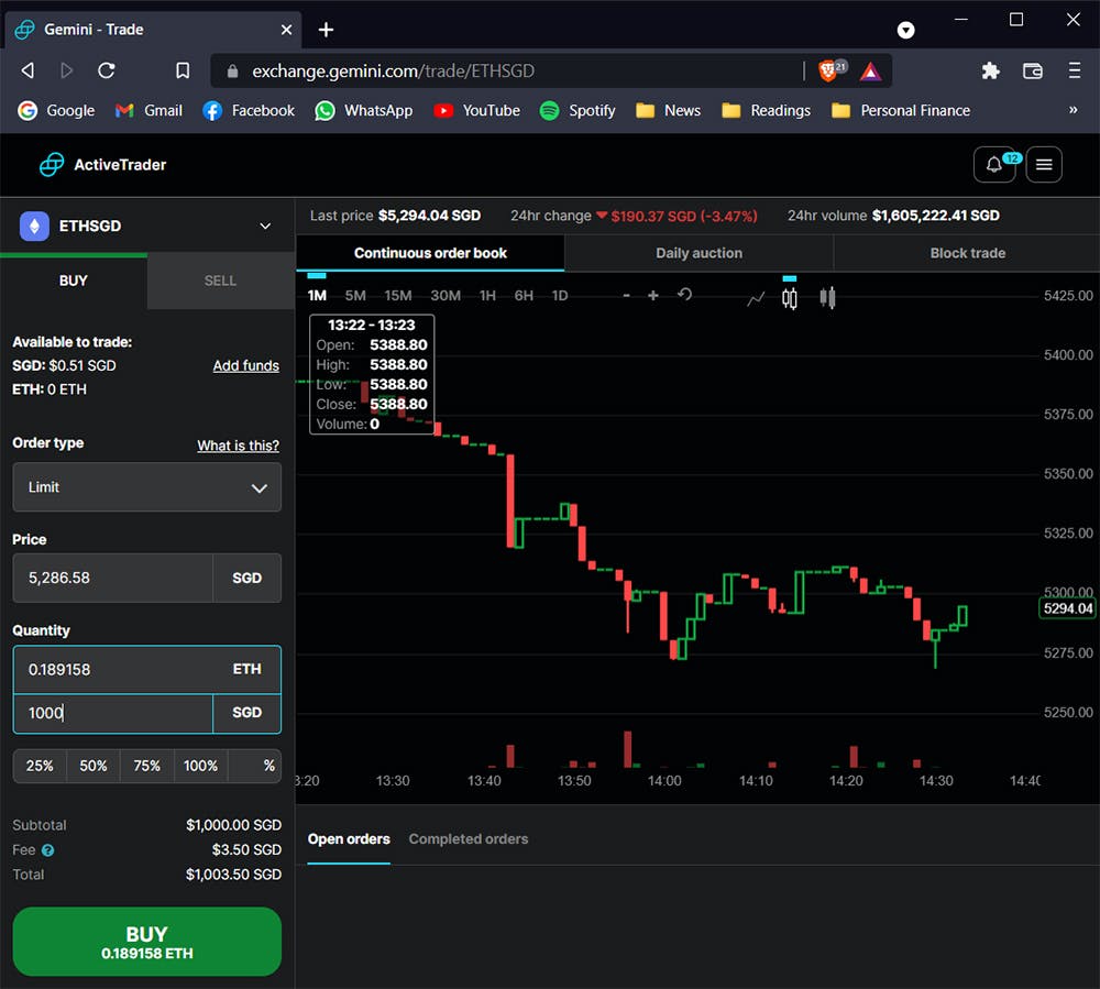 Screenshot of Gemini's ActiveTrader interface. Note that a S$1,000 buy order here incurs only a fee of S$3.50 (0.35%).