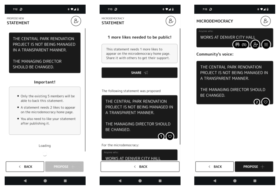 Once enough members have joined, anyone of them can propose statements. A statement can be shared individually and requires one additional support before appearing on the microdemocracy board.