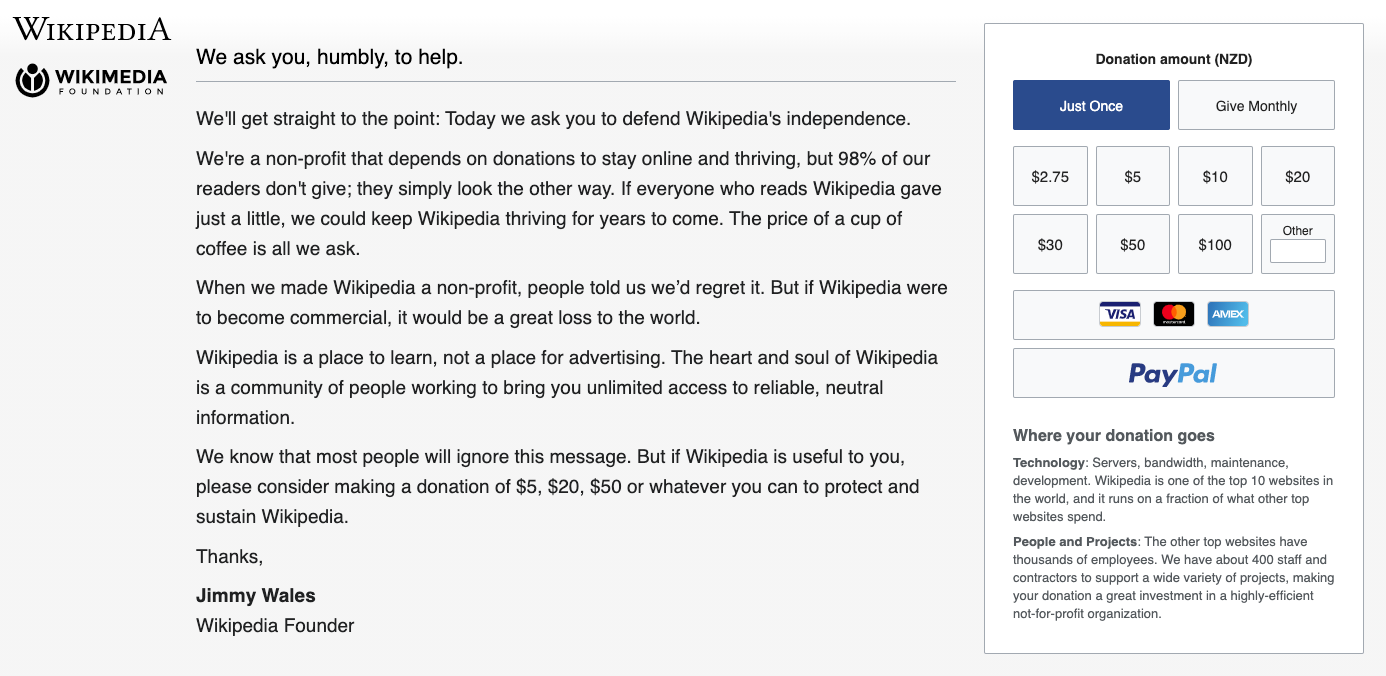 The donation page on wikimedia.org