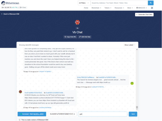 图3 Blockscan Chat-真正去中心化链上消息沟通（需要Gas）