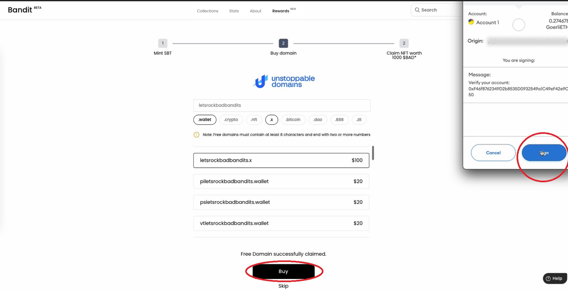 Cliquez sur le bouton "Acheter" et signez la transaction dans votre portefeuille.