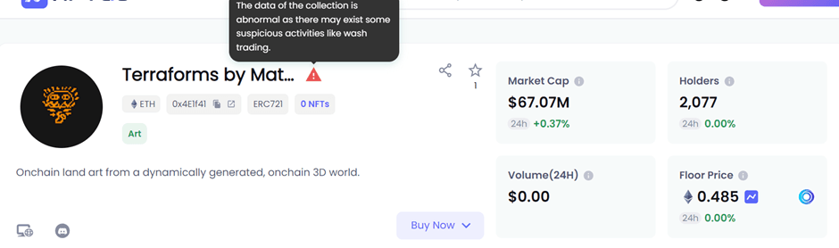 Terraforms 워시 트레이딩 의심 징후 포착(NFTGo.io)
