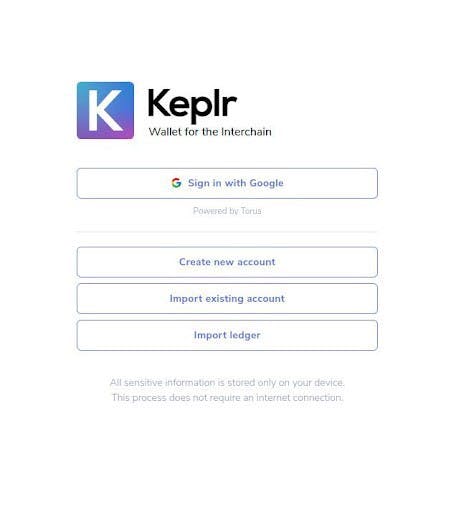 First screen that you see when you install and open the Keplr Extension on Chrome/Brave browsers