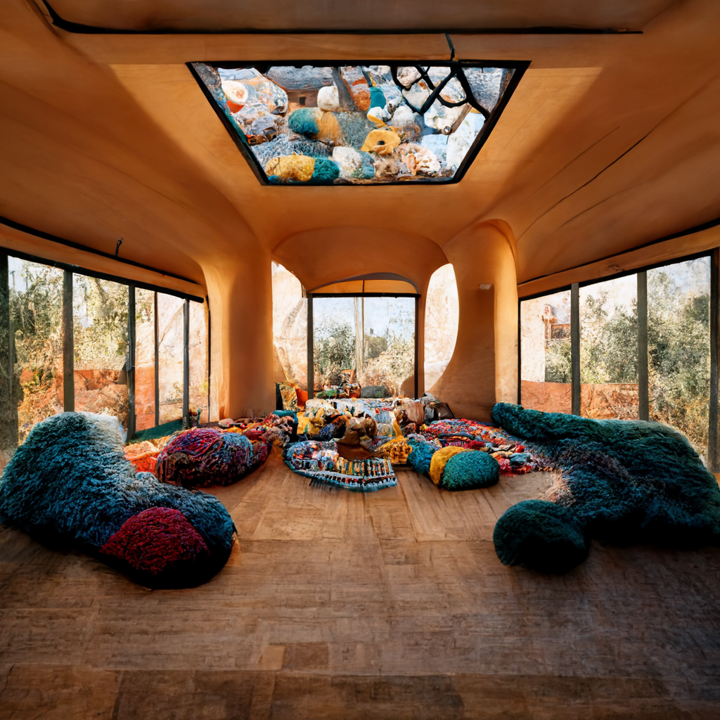  The interior of a sun room with giant glasses and natural light shining into the room from skylights, with a lot of Mediterranean blankets and carpets and cute stuffed animals on the ground, top-down angle 