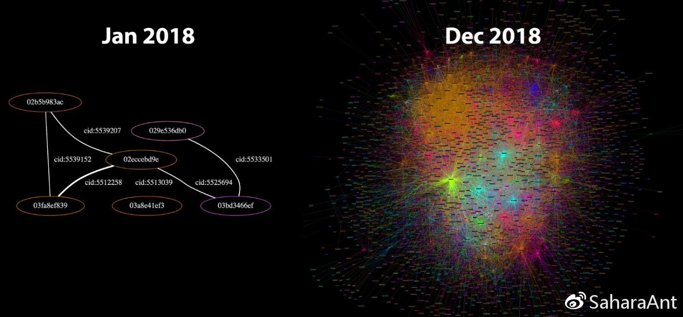 闪电网络，2018年1月与2018年12月相比。资料来源：Jameson Lopp