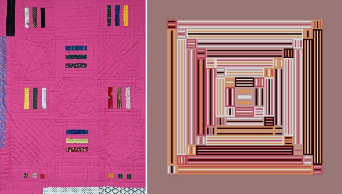 The left: patchwork quilt by Hisayo Takawo. The right: Creative Coding by Shunsuke Takawo