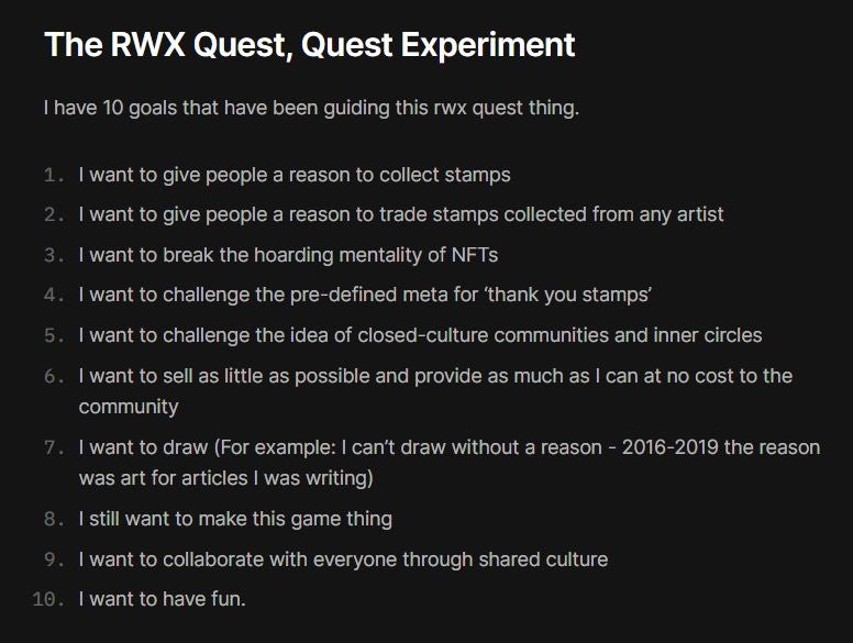 Robek’s 10 goals for rwx quest, as outlined in his article from April 22, 2022. 