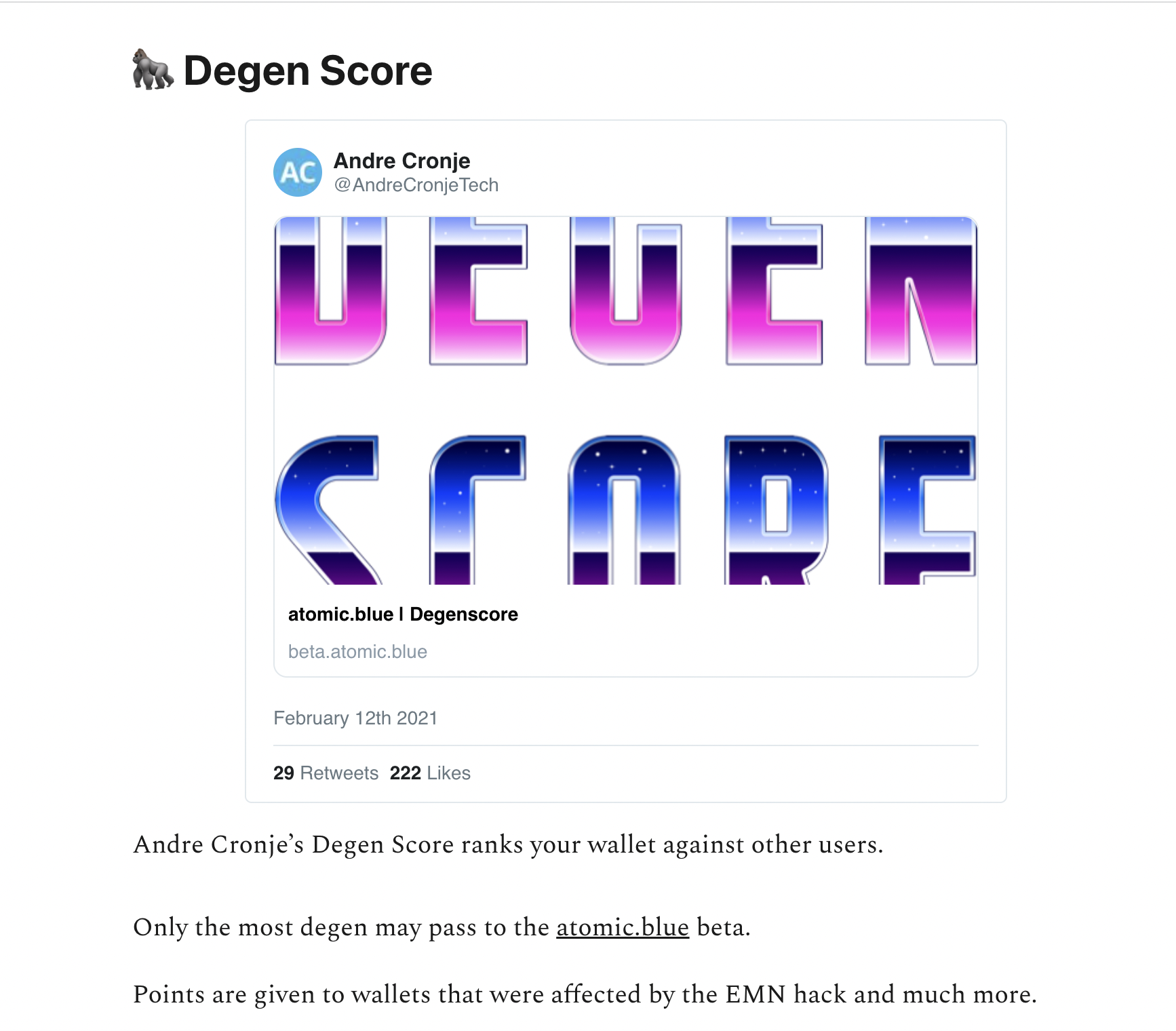 Yearn.finance创始人Andre Cronje 于2021年2月在推特上发布DeFi 协议参与度查询工具 atomic.blue 测试版，允许DeFi Degen查询Degen分数