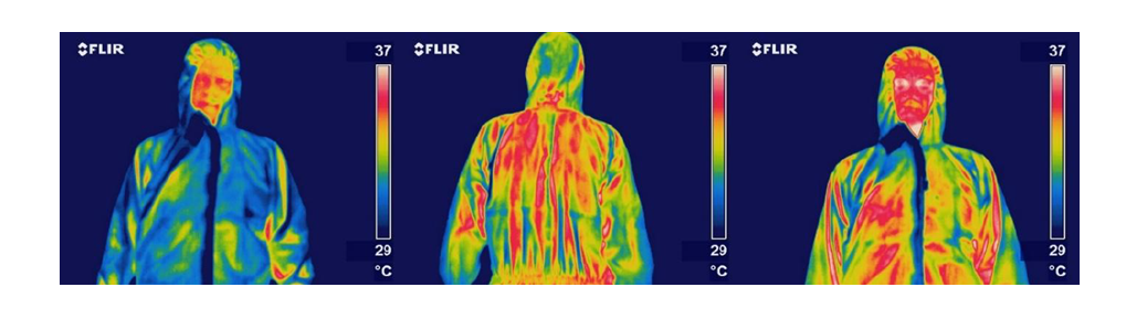 The figure above shows the temperature of the body and the garment (protective suit of category III) in the climate chamber under conditions T= 32° C, RH= 85%,,  v= 0,5 m/s