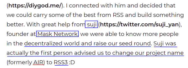 總結一下這篇文章，RSS3 項目原名為AIR，而據說 Suji（Mask Network的創始人）是第一個建議將名稱更改為RSS3的人。Upbit 平台也曾被改名過。Mask Network是一個連接 web2.0 到 web3.0 的中間件，而且因為它是一個能讓用戶輕鬆進入web3.0生態系統方面發揮著重要作用的一個項目，所以我確信RSS之後是“3” 。