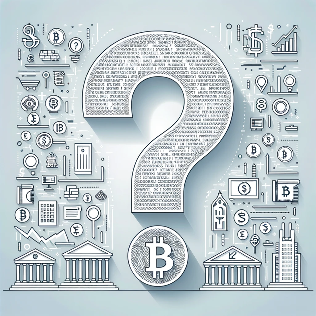 Vector: A clean, crisp illustration focusing on a central question mark, the shape of which is filled with texts from the Bitcoin whitepaper and the dot at the bottom of the question mark prominently showcasing a Bitcoin symbol. To the right of this question mark, there are stylized icons of various fiat currencies including the dollar, rupee, euro, and yen. To the left of the question mark, there are recognizable outlines of buildings representing traditional financial institutions such as banks, government structures, and stock exchange buildings. The clear division between the two sides symbolizes the questioning nature of the Bitcoin whitepaper towards traditional financial systems.