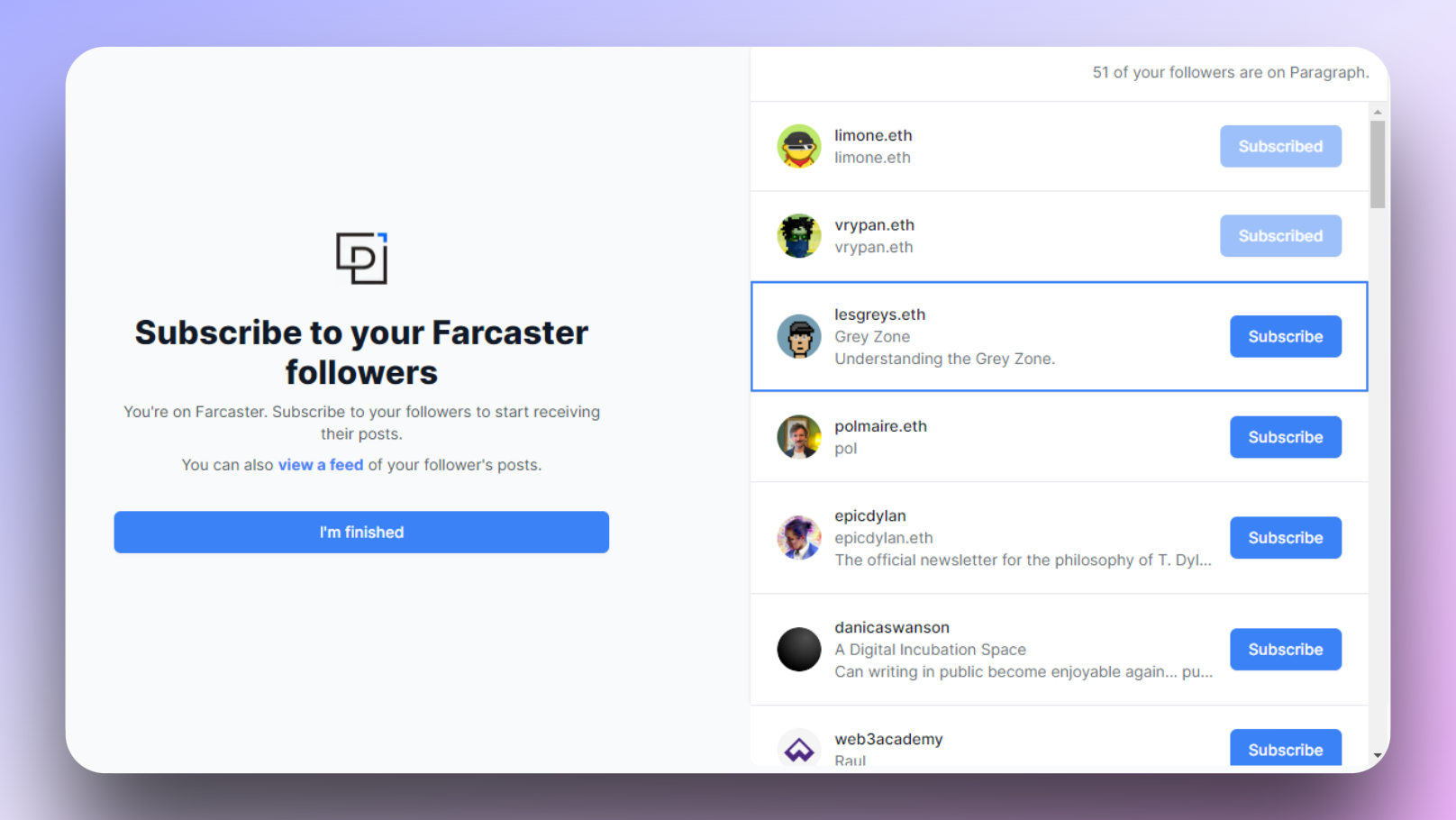 The Paragraph onboarding flow suggests subscribing to your FC followers