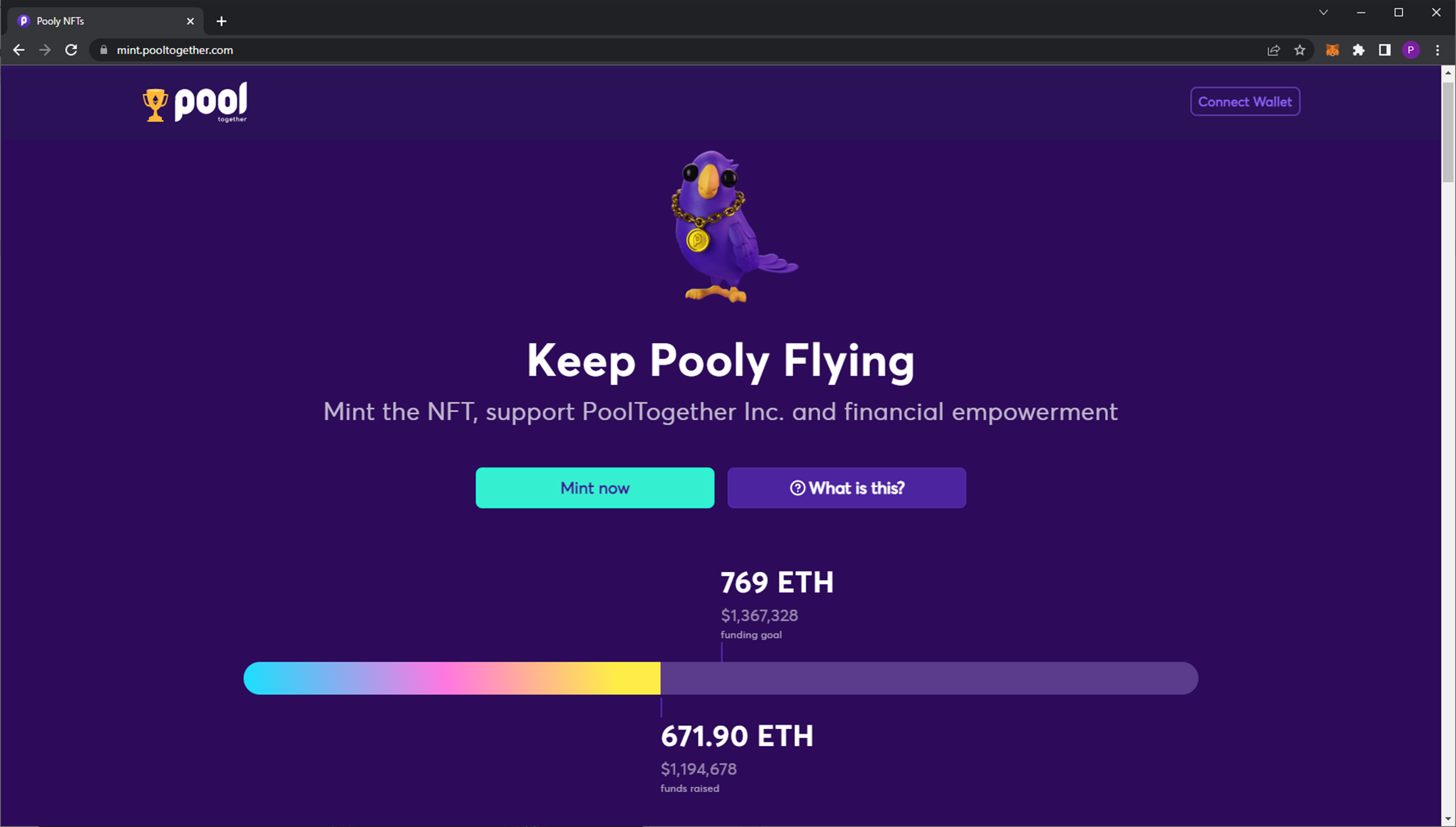 Pooly NFT landing page with funding tracker. Source: https://mint.pooltogether.com/