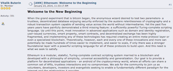 2014. El post de Vitalik Buterin anunciando Ethereum.