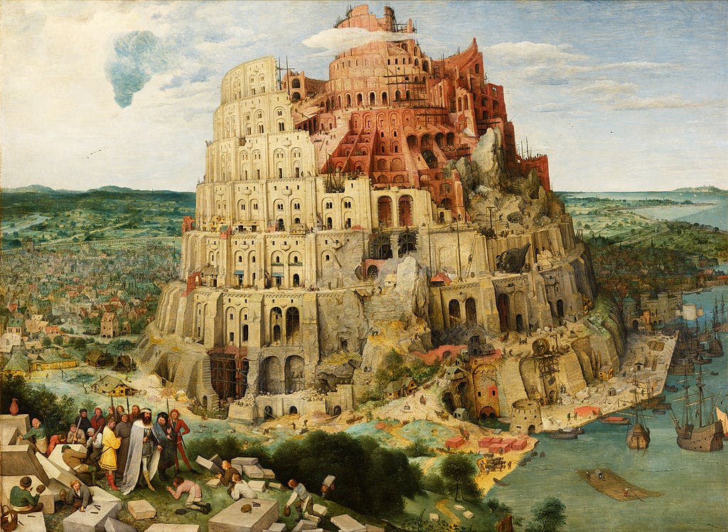《旧约》中记载人们曾打算共同修建一座能够同天的高塔，直到上帝将人们的语言打乱，令他们不能再继续合作（图片来源：WikiMedia Commons）