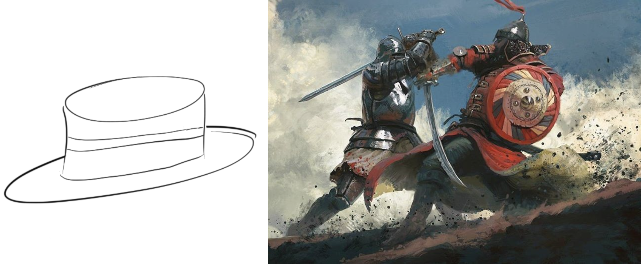 Left: a shitty practice drawing of a hat I made a while ago. Right: a gorgeous piece from Kingdom Come: Deliverance