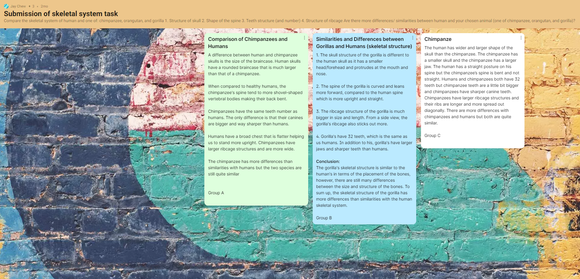 Figure 3: The Padlet activity to compare the skeletal system of different hominids