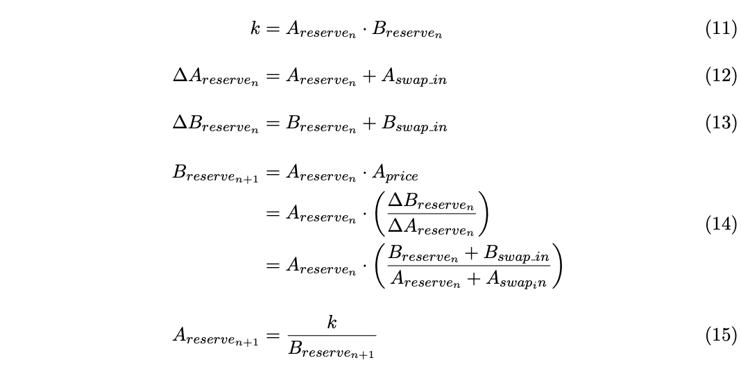 Equations 11-15, Deriving the TWAMM Approximation from a Scenario Extending CPAMM Reserve Update Calculations to Two Simultaneous Swaps of A to B and B to A.