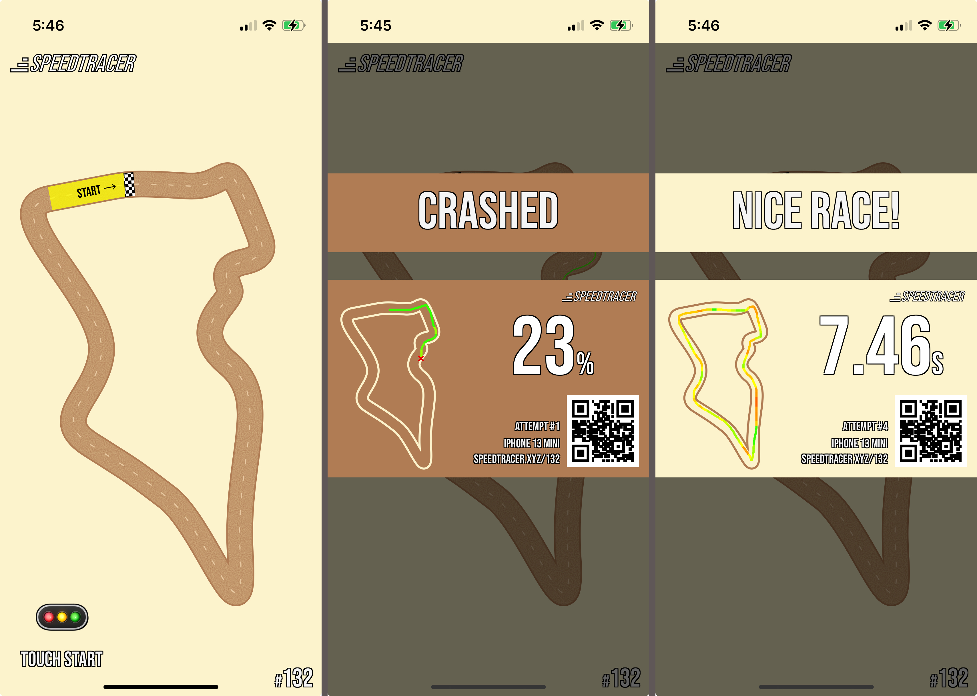 Speedtracer on iPhone with Desert theme - Left to right: pre play, crashed, and slow but successful run on my 4th attempt