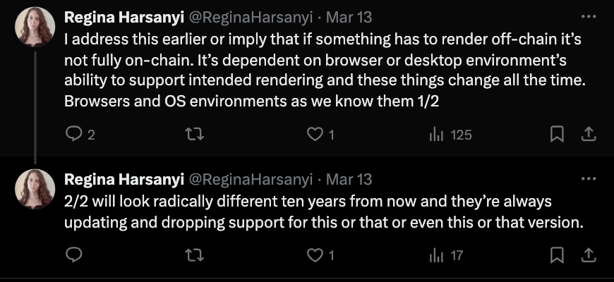 Regina Harsanyi questions the "fully on-chain" claim for HTMLs and even SVGs, due to rendering dependencies on browsers