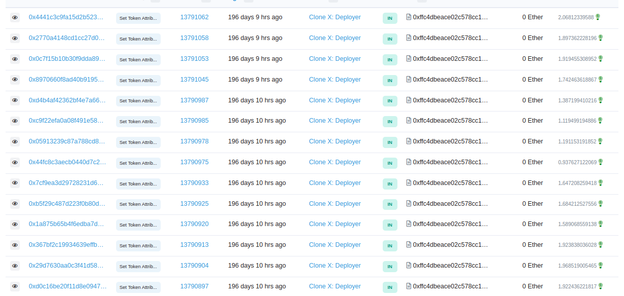 Clone X deployer spent more than 30 eths writing the shuffled token IDs