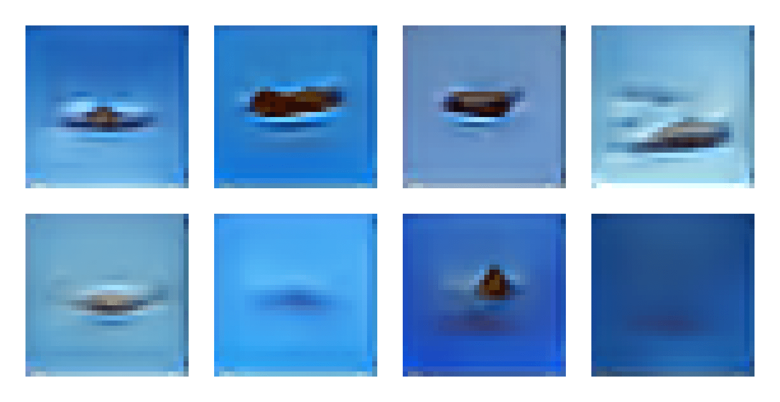 A set of 8 images created from the alignDRAW model based on the prompt “A very large commercial plane flying in blue skies”. (Image credit: Fellowship)