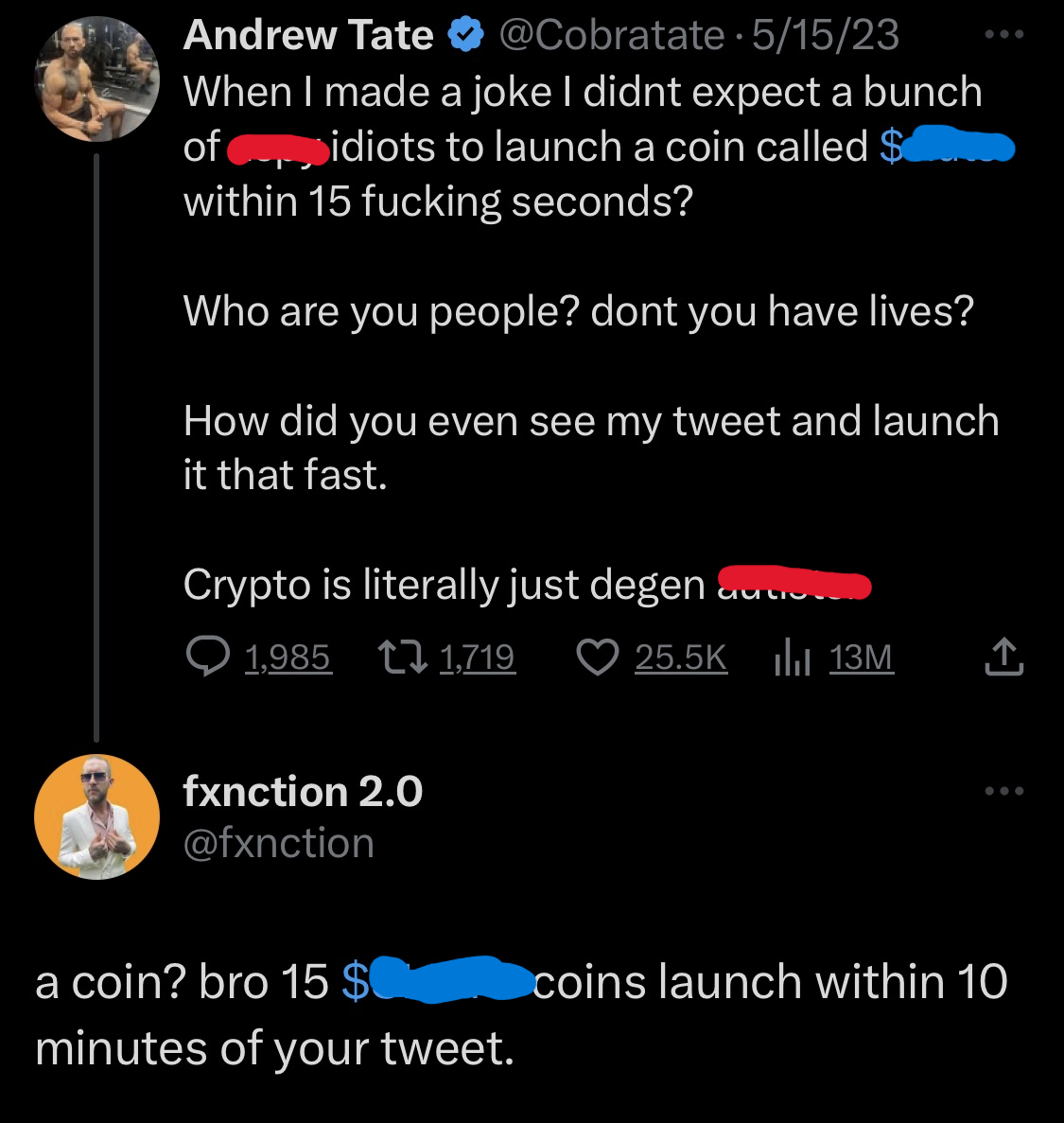 15 sh!tcoins launch within 10 minutes of a dummy's tweet