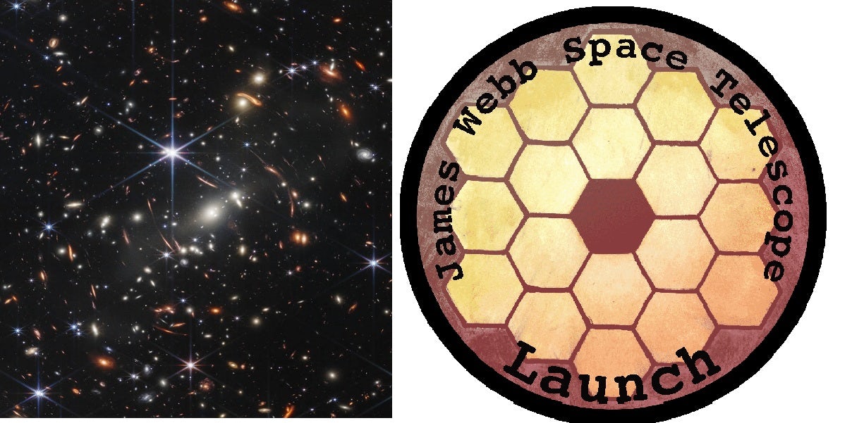 Left) Deepest Infrared Image of Universe by NASA’s Webb. Right) The James Webb Space Telescope Launch POAP
