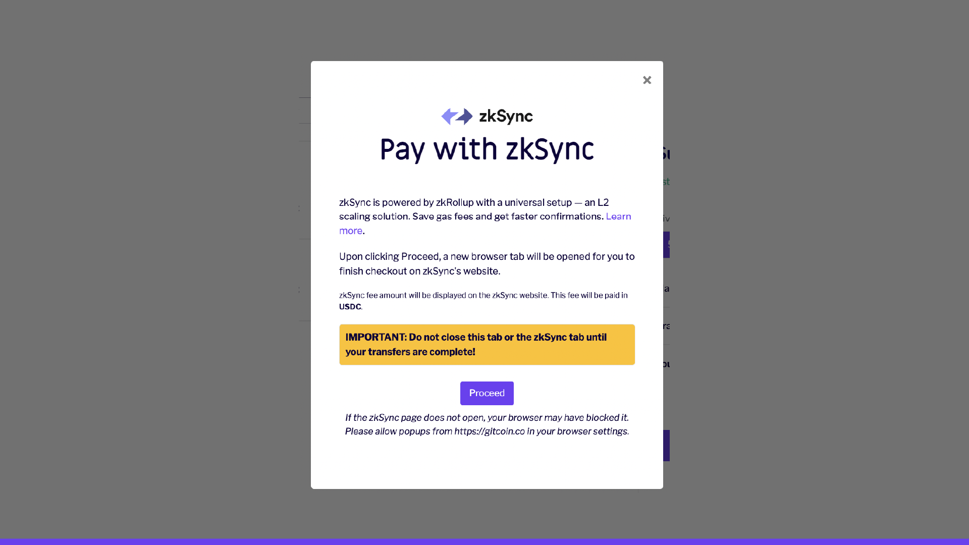 Pay with zkSync Popup