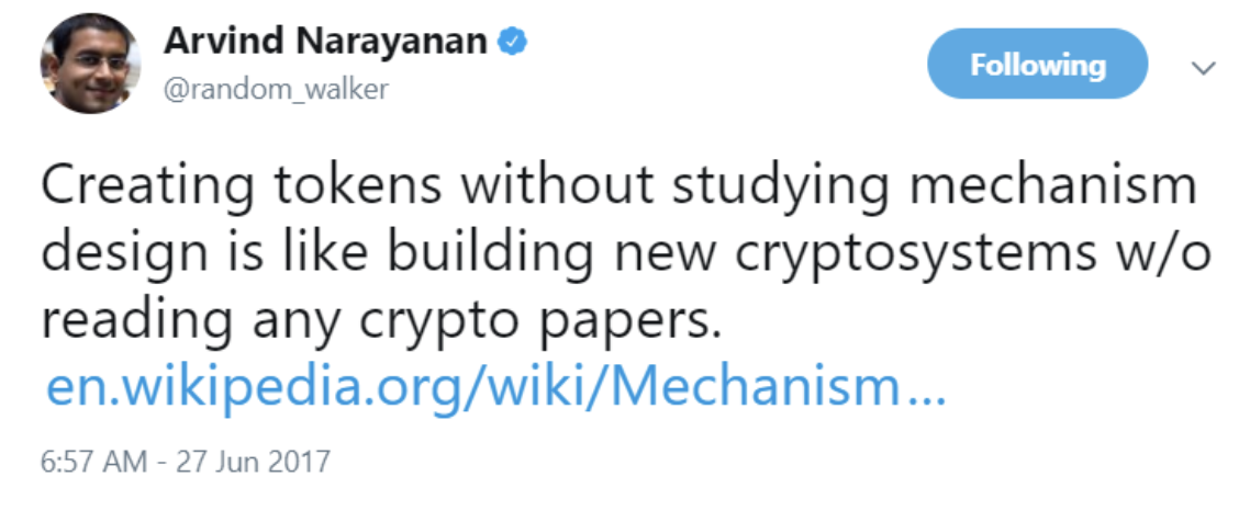 "Crear tokens sin estudiar diseño de mecanismos es como construir nuevos sistemas de cripto sin haber leído ningún paper de cripto".