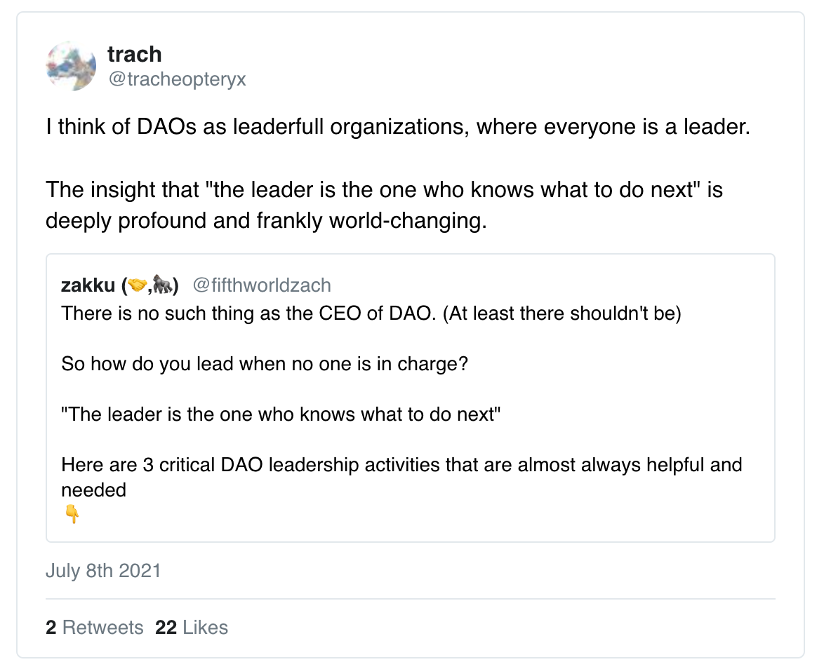 我认为 DAO 是一个充满领导力的组织，因为这里每个人都是领导者。”领导者是知道接下来做什么的人“，这一见解非常深刻，坦白讲是改变了世界。//我认为 DAO 是一个充满领导力的组织，因为这里每个人都是领导者。”领导者是知道接下来做什么的人“这一理念影响深刻，甚至可以改变世界。
