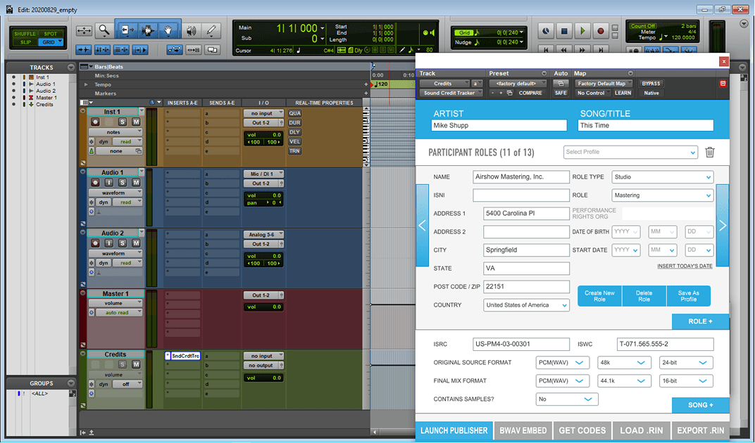 Avid Pro Tools® with Sound Credit Tracker Plug-in