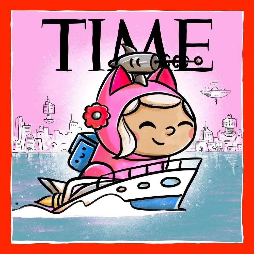 Alt tag: TIME Magazine cover of a girl in a cat-eared hoodie, ray-gun mounted on her head, riding a rocket-powered yacht across the harbor of a futuristic city. That’s right. I own this now. No apologies.