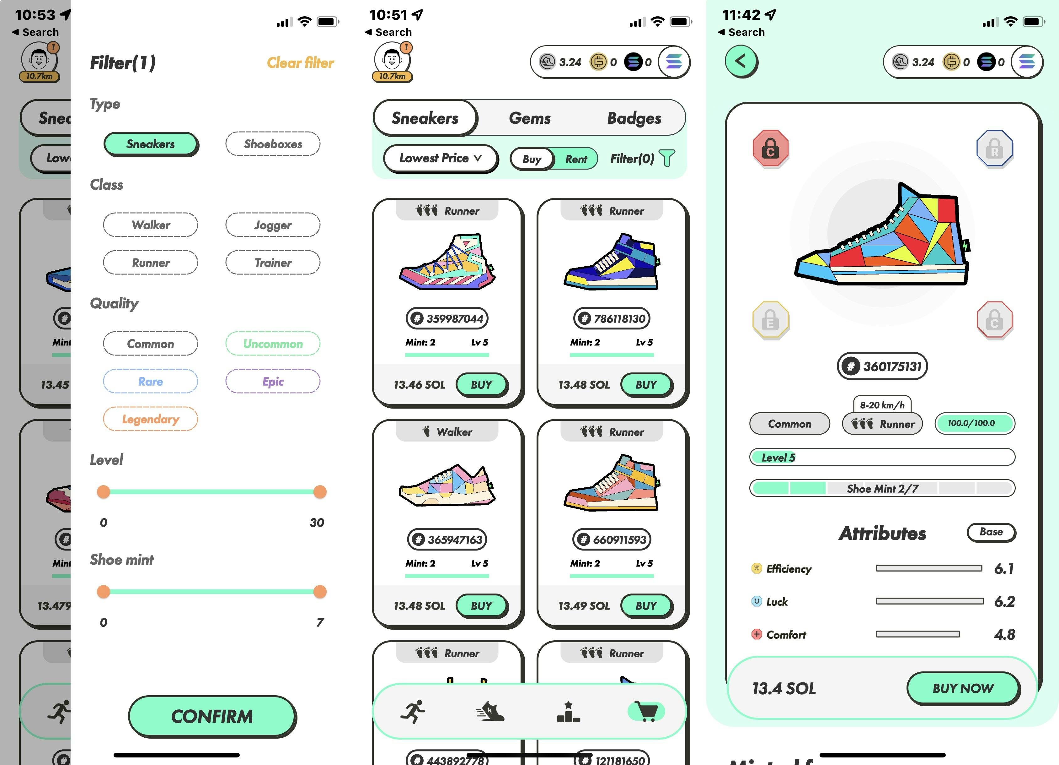 Screenshots from STEPN's in-app sneaker marketplace