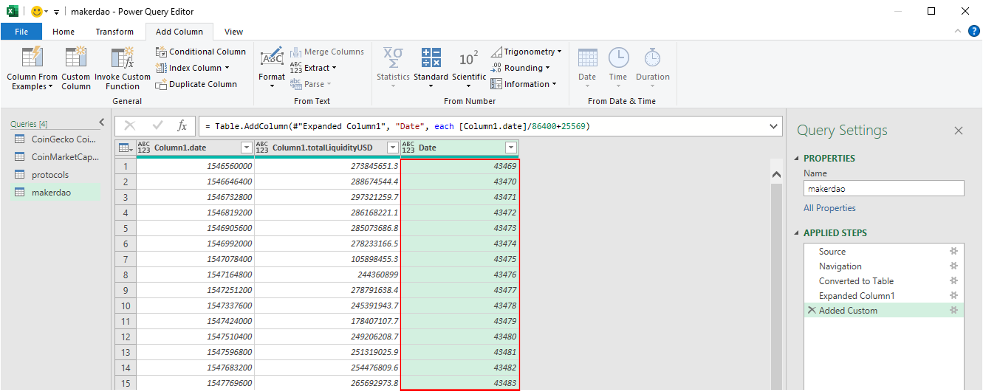 Custom column is added to the Power Query table