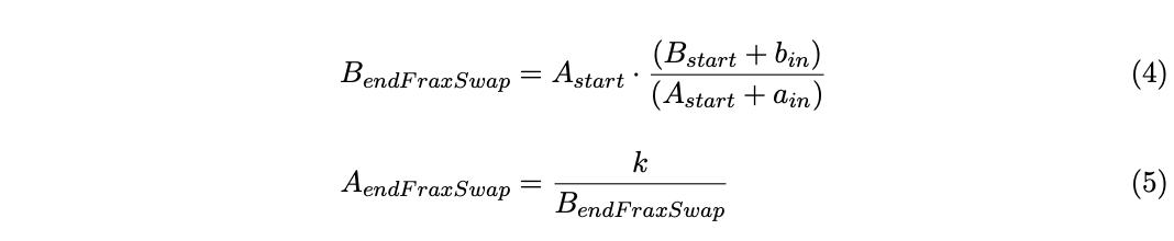 Equations 4-5: FRAX TWAMM Approximation Algorithm Token A & B Reserve Update Equations from [5].
