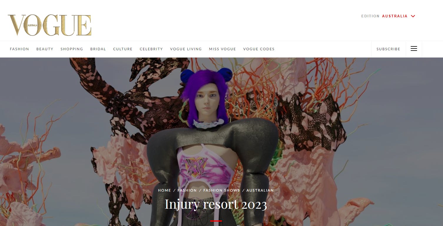 INJURY featuring in Vogue Australia in May 2022. Credit: vogue.com.au