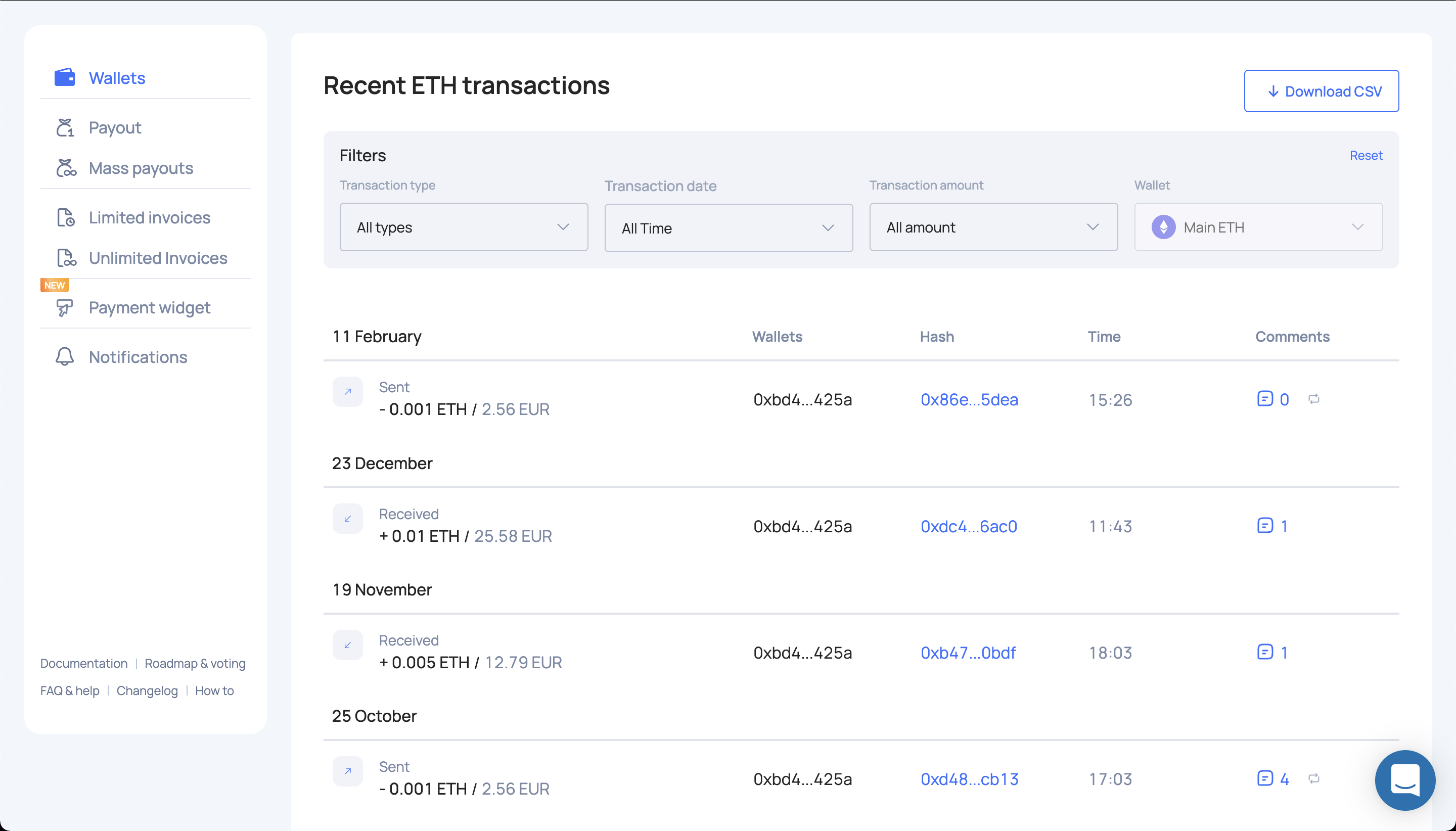 Transaction history in the Calypso Pay personal account interface. The data is provided by WatchData.