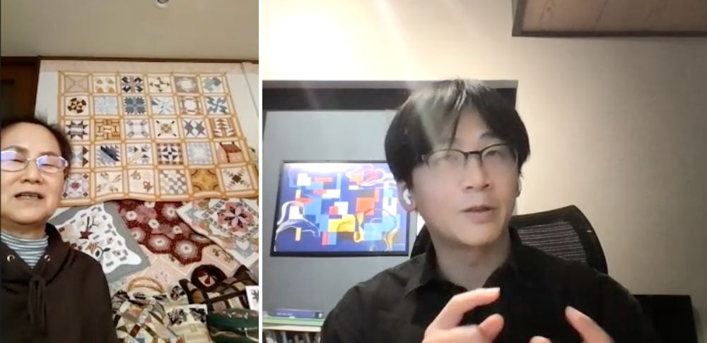 Hisayo Takawo and Shunsuke Takawo. The interview was conducted by connecting Hisayo's home and Shunsuke's home online.