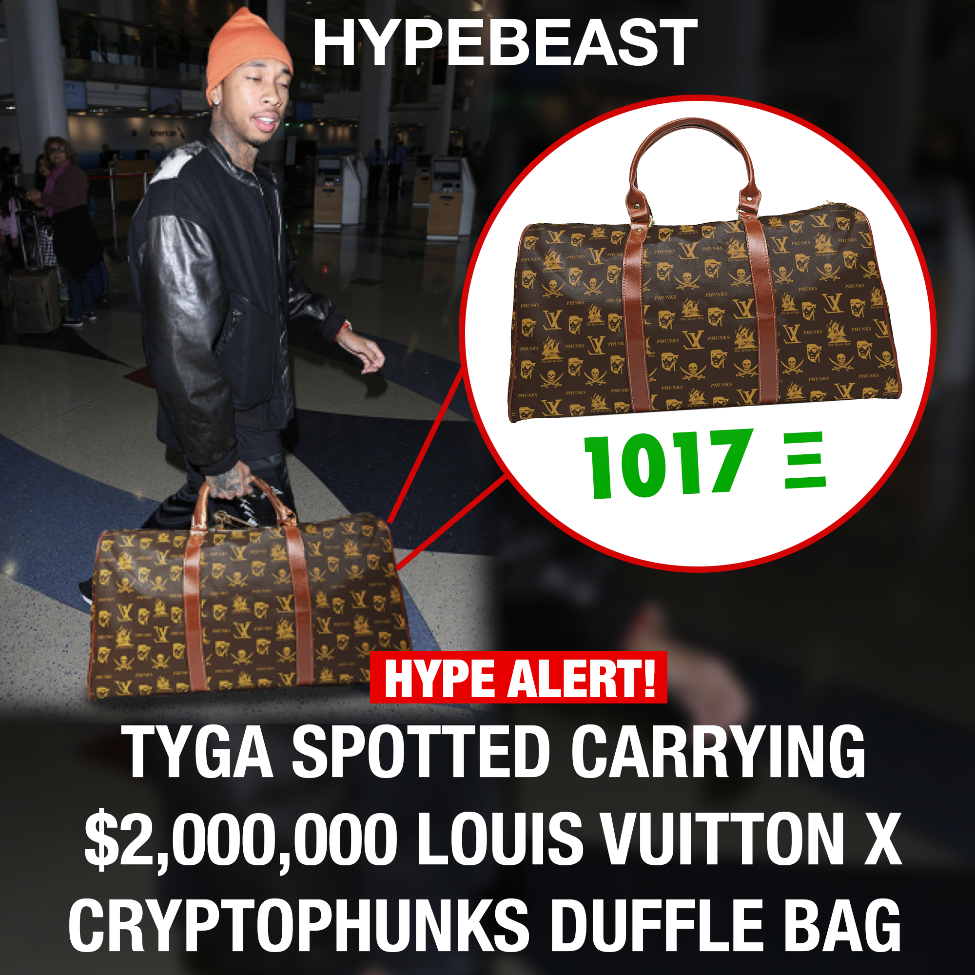 Rap artist TYGA was spotted carrying the TEJI Cryptophunks Permissionless LV Duffle, photo courtesy Hypebeast and TEJI