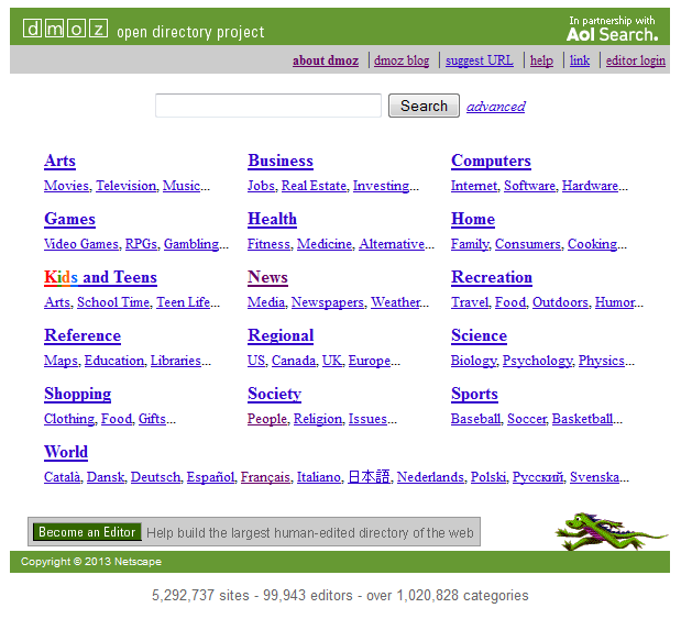 A web directory example by dmoz. Credit: 2014 AOL Inc., Dmoz - Open Directory Project, CC BY 3.0