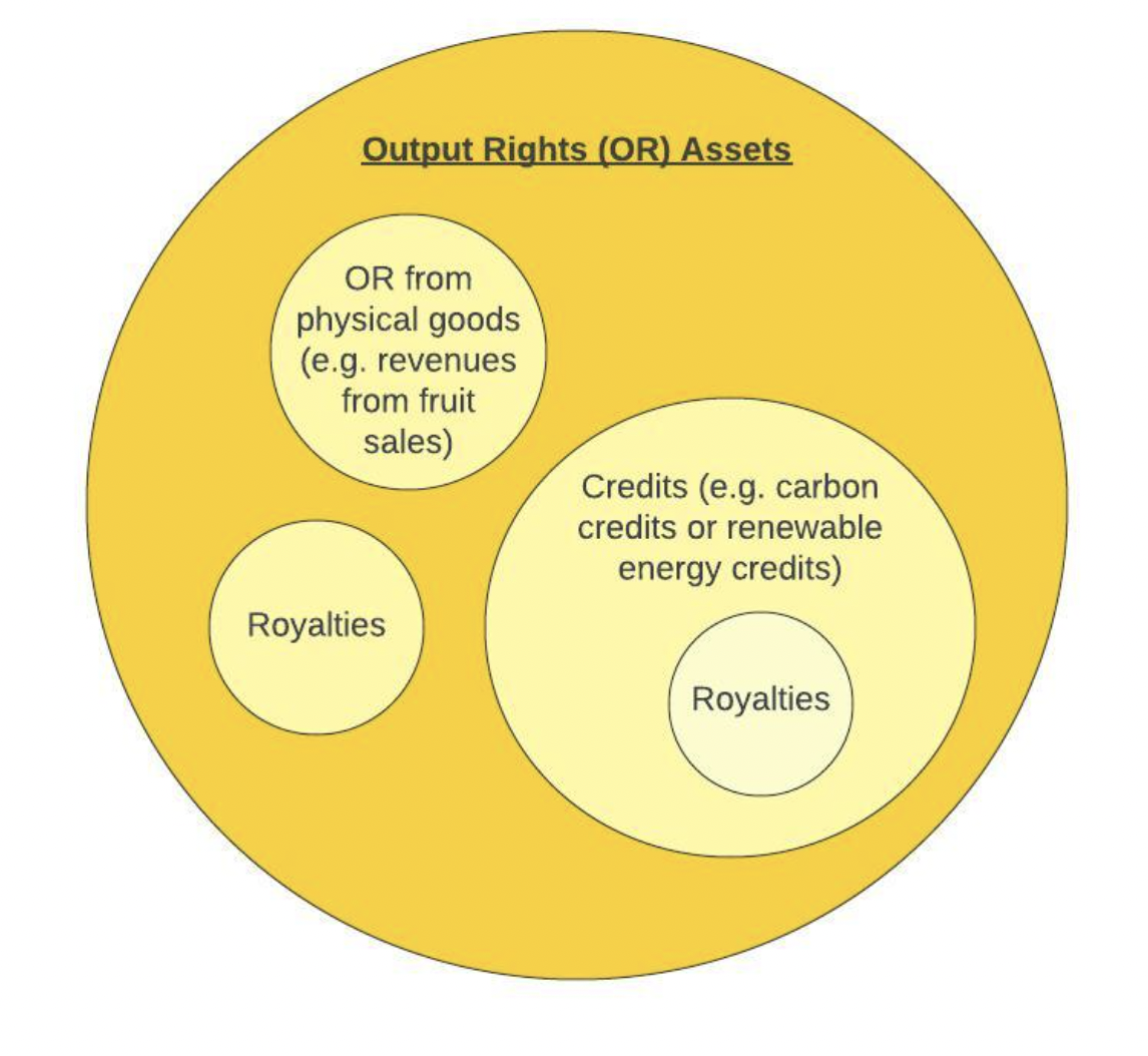 This graphic highlights the diversity and modularity of output rights assets. Output rights assets cover a wide range of variable goods and financial flows, which can be exchanged across different types of markets. In this example, output rights assets may be rights to commodity outputs (e.g. fruit), output revenues (e.g. revenues from the sale of fruit), financial output revenues (e.g. revenues from the sale of carbon offsets produced by growing fruit trees in a certain way), or royalties. It is also conceivable to receive royalties from the exchange of output rights assets, as exists for some NFTs today. 