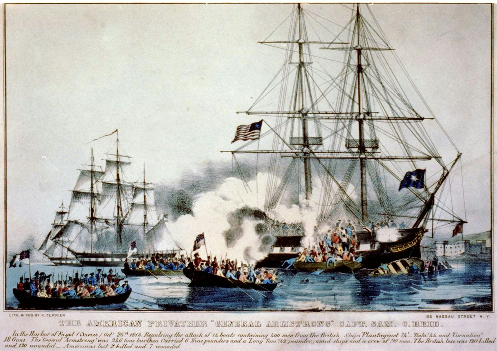 Print shows the American privateer “General Armstrong” firing on British boats sent from HBM Carnation to capture her.