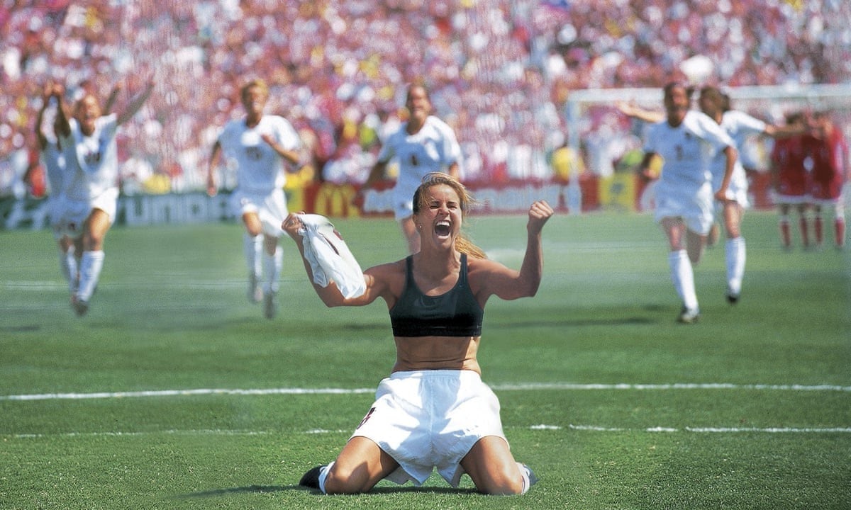 Brandi Chastain celebrates in iconic style after scoring the USA's winning goal in the 1999 FIFA World Cup Final